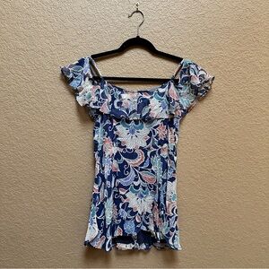 Anthropologie Maeve Blue Floral Ruffle Blouse